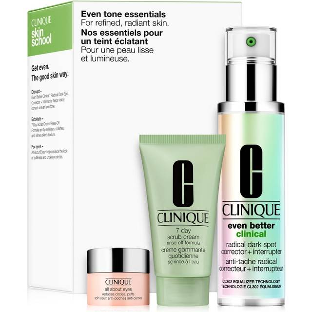 Clinique Even Tone Essentials Gift Set 50ml Even Better Clinical Radical Dark Spot Corrector + Interrupter + 30ml 7 Day Scrub Cream + 5ml All About Eyes