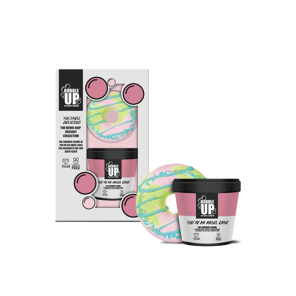 Bubble Up Never Skip Dessert Gift Set 220g Shower Scrub + 150g Donut Bath Fizzer