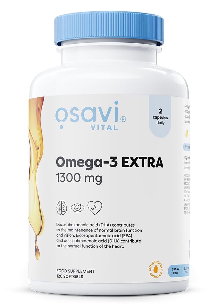Osavi Omega–3 Extra Molecularly Distilled 1300 mg – 120 Softgels | Lemon Flavor | EPA & DHA for Heart Health, Brain Function, and Vision I Molecular Distillation for Maximum Purity