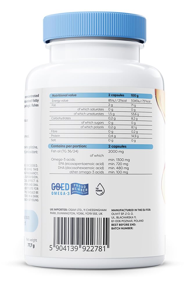 Osavi Omega–3 Extra Molecularly Distilled 1300 mg – 120 Softgels | Lemon Flavor | EPA & DHA for Heart Health, Brain Function, and Vision I Molecular Distillation for Maximum Purity