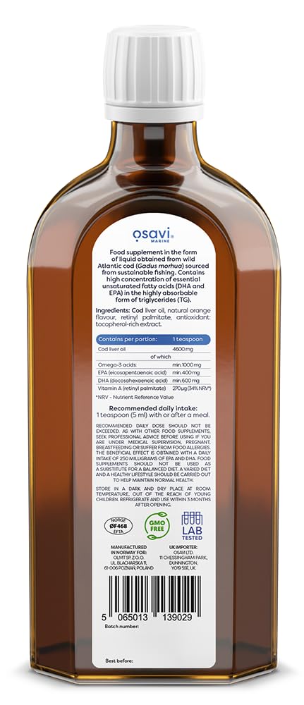 Osavi Norwegian Cod Liver Oil 1000mg Omega 3 (Orange) - 250 ml.