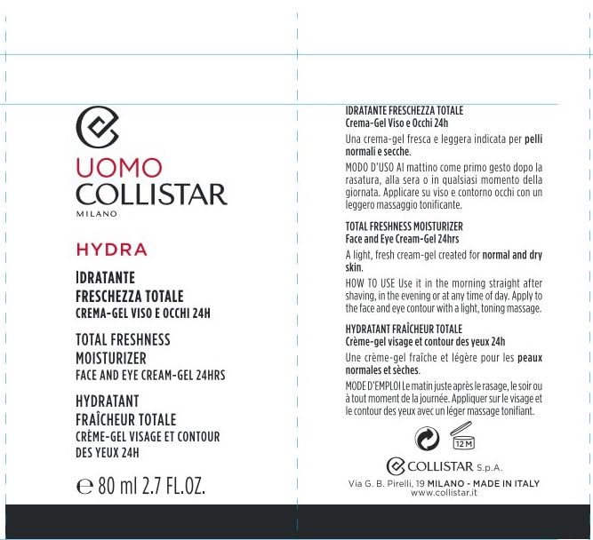 Collistar Hydra Uomo - Idratante Freschezza Totale Crema Gel Viso e Occhi, 80ml