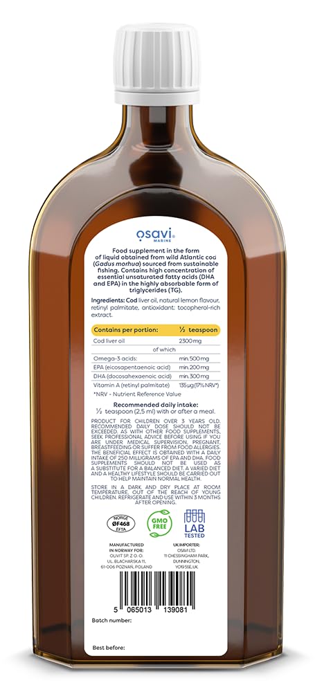 Osavi Norwegian Cod Liver Oil Kids 500mg Omega 3 (Lemon) - 500 ml.