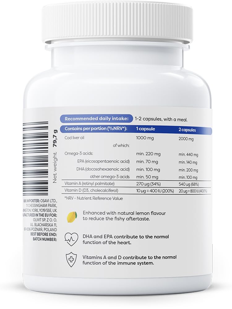 Osavi Norwegian Cod Liver Oil Softgels, 1000mg (Lemon) - 60 softgels