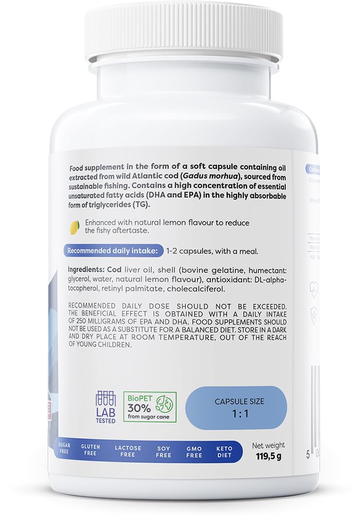 Osavi Norwegian Cod Liver Oil Softgels, 1000mg (Lemon) - 90 softgels