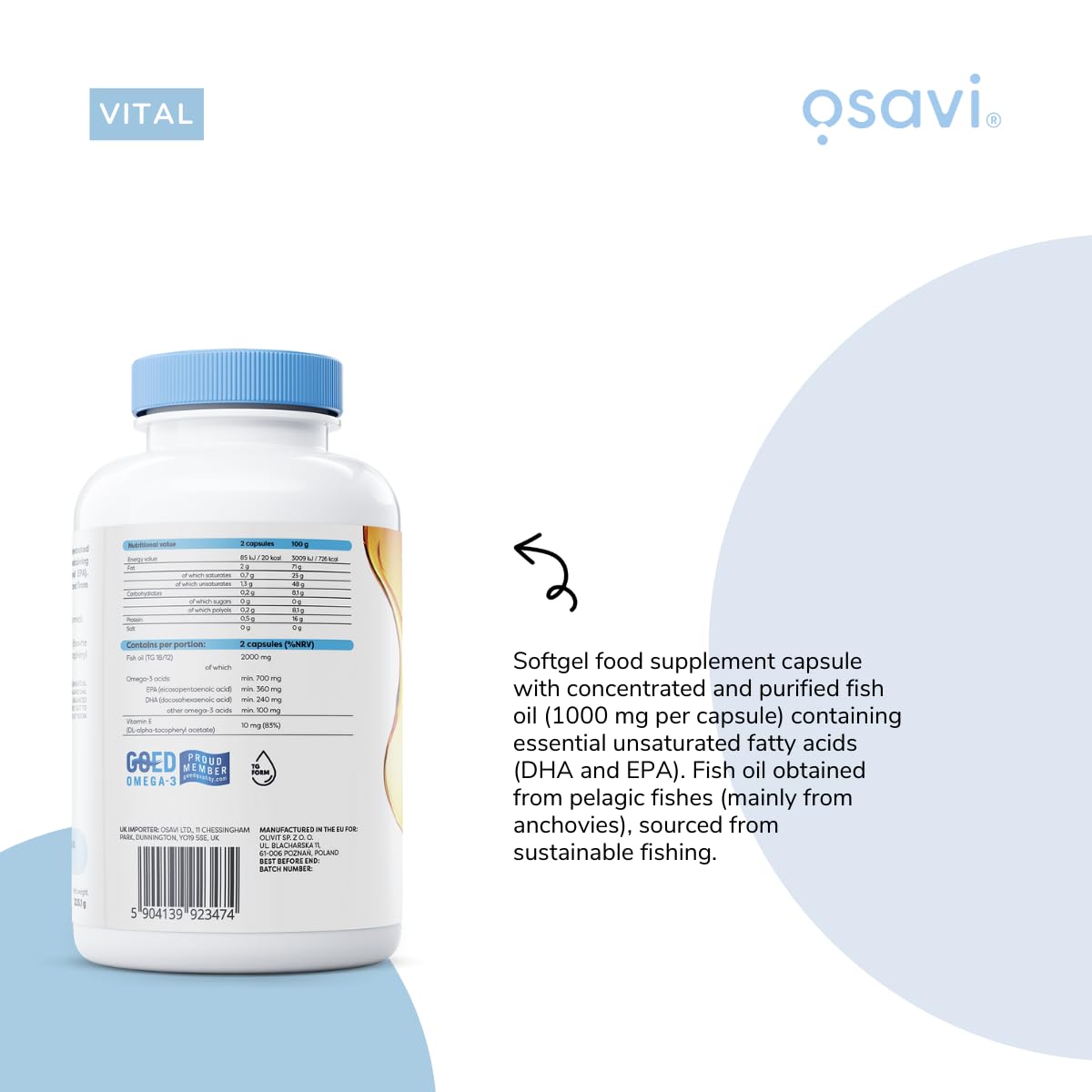 Osavi Omega–3 Fish Oil Molecularly Distilled 1000 mg – 120 Softgels | Lemon Flavor