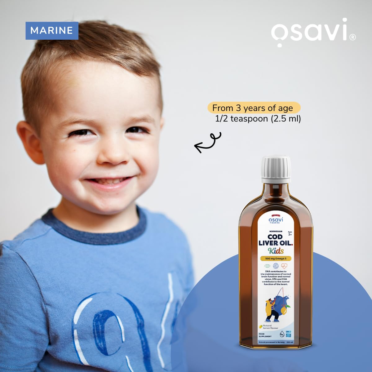 Osavi Norwegian Cod Liver Oil Kids 500mg Omega 3 (Lemon) - 500 ml.