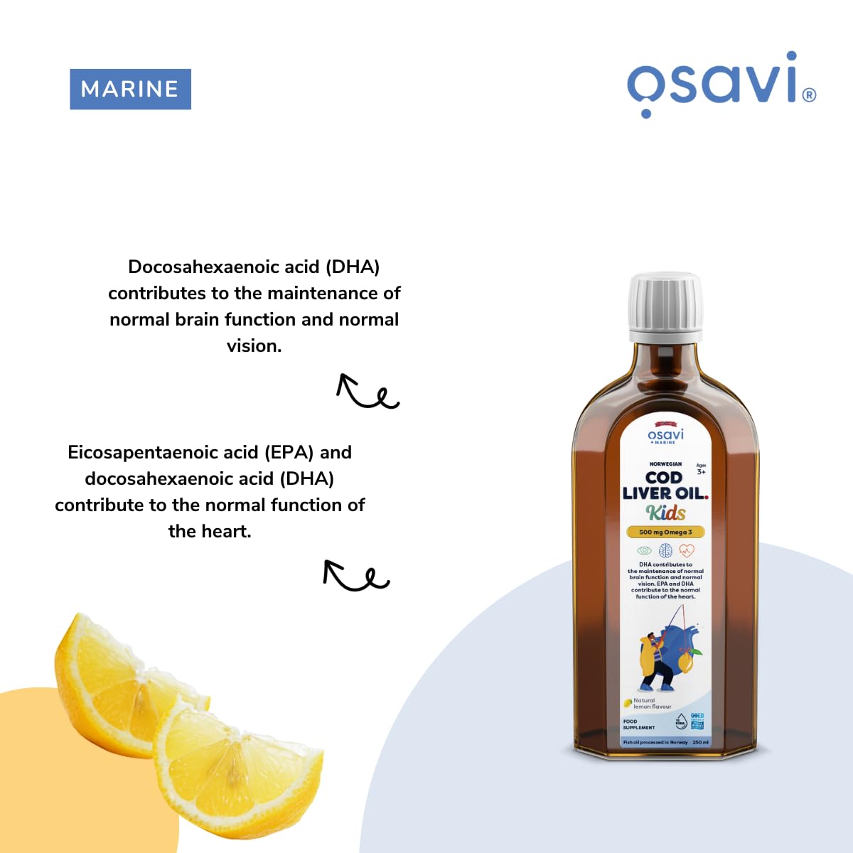 Osavi Norwegian Cod Liver Oil Kids 500mg Omega 3 (Lemon) - 500 ml.