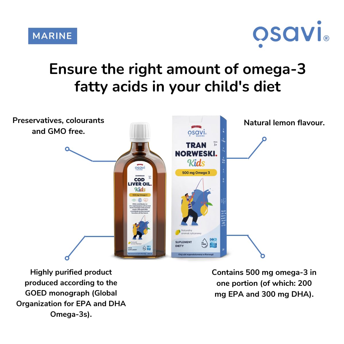 Osavi Norwegian Cod Liver Oil Kids 500mg Omega 3 (Lemon) - 500 ml.