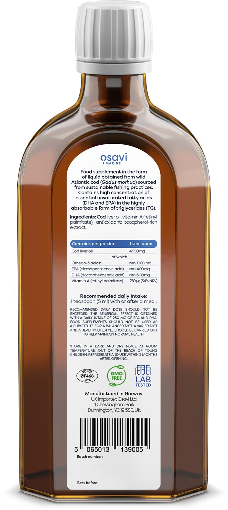 Osavi Norwegian Cod Liver Oil 1000mg Omega 3 (Unflavoured) - 250 ml.