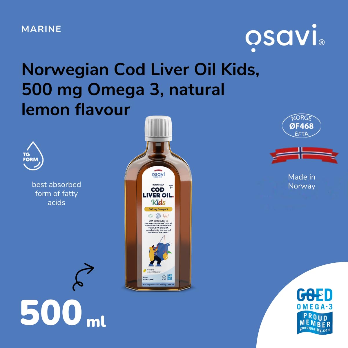 Osavi Norwegian Cod Liver Oil Kids 500mg Omega 3 (Lemon) - 500 ml.