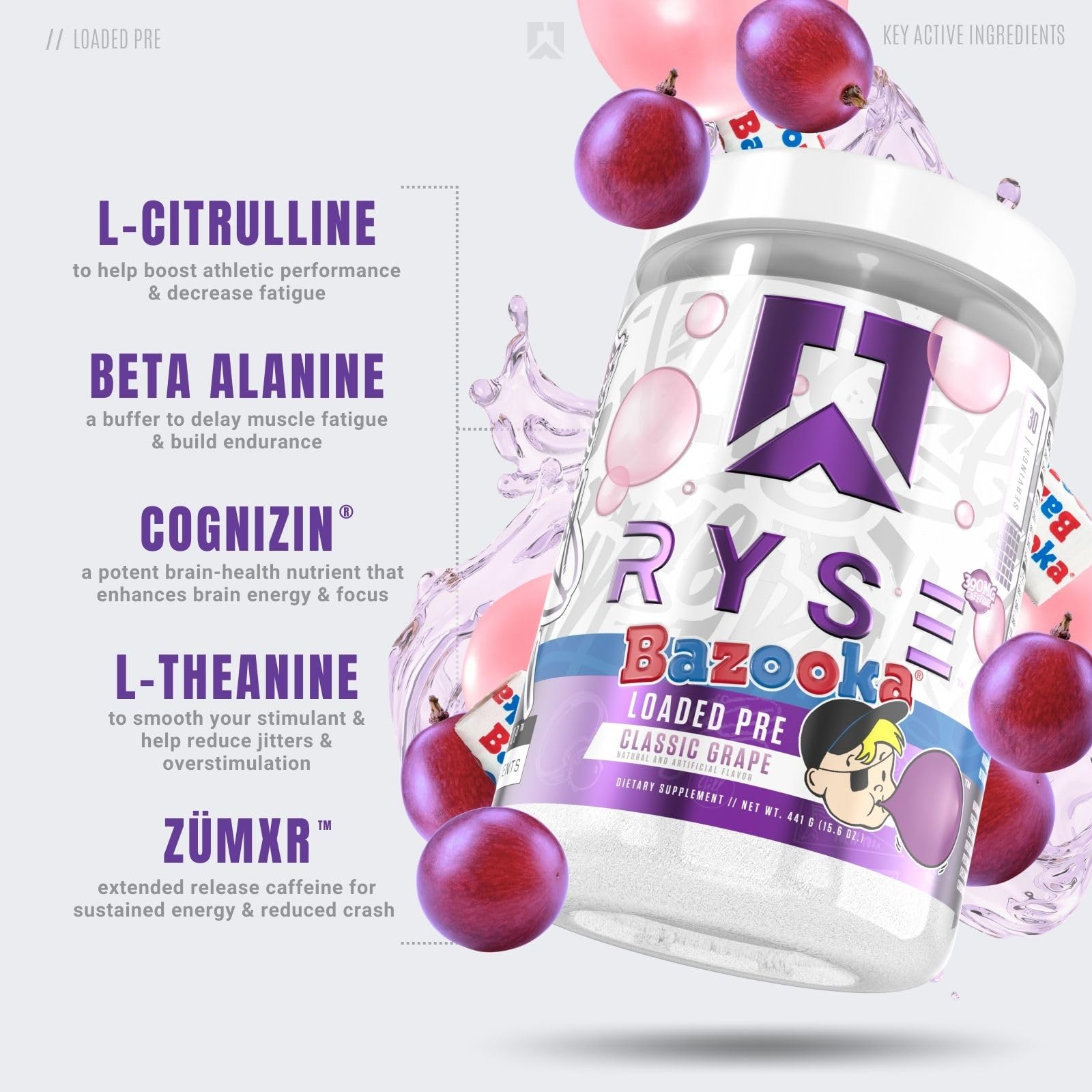 Ryse Loaded Pre, Bazooka Classic Grape - 438g - Sense42 Beauty and Health