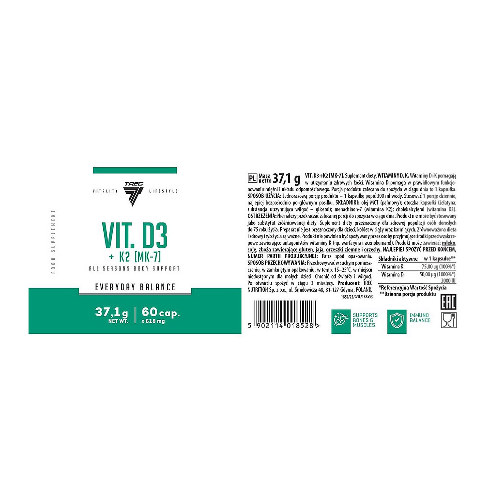 Trec Nutrition Vit D3 + K2 MK-7 - 60 caps - Sense42 Beauty and Health
