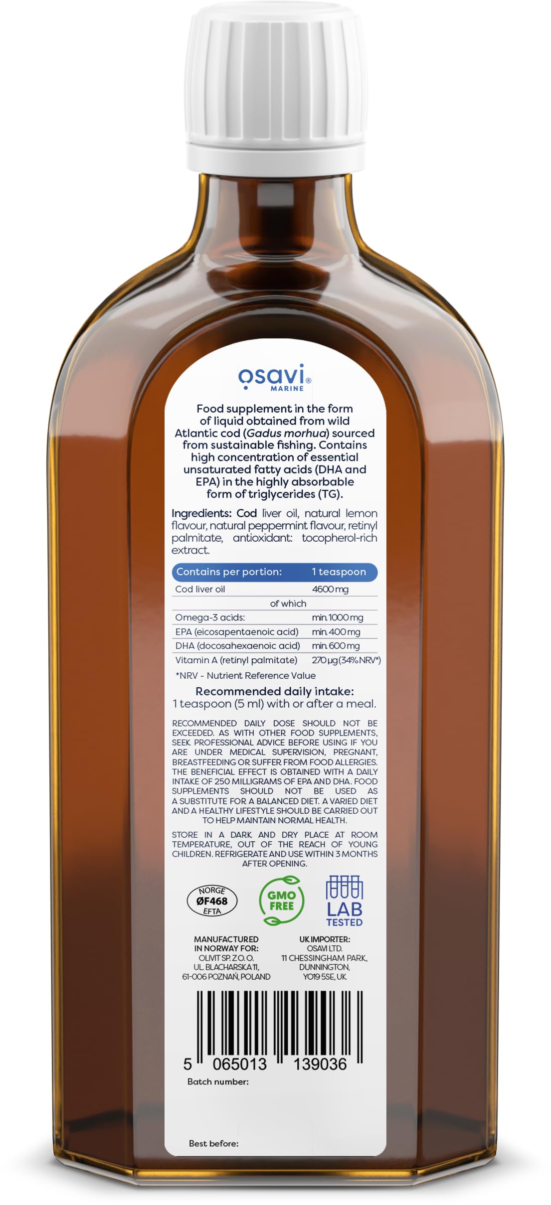 Osavi Norwegian Cod Liver Oil 1000mg Omega 3 (Lemon-Mint) - 250 ml.