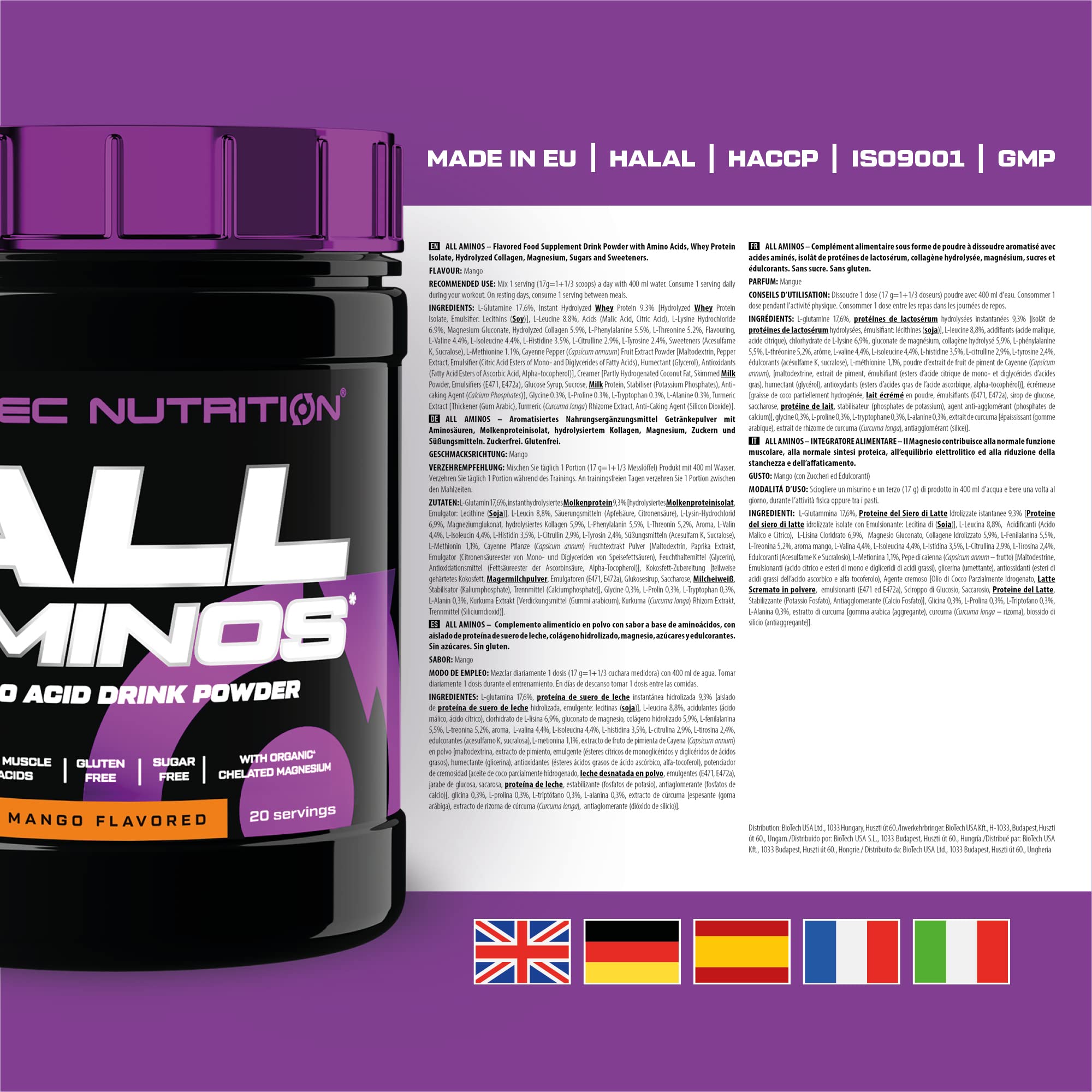 Scitec Nutrition All Aminos – Essential Amino Acids – with Magnesium – Gluten-Free, Sugar-Free – Ideal for Workouts and Recovery, 340 g, Mango - Sense42 Beauty and Health