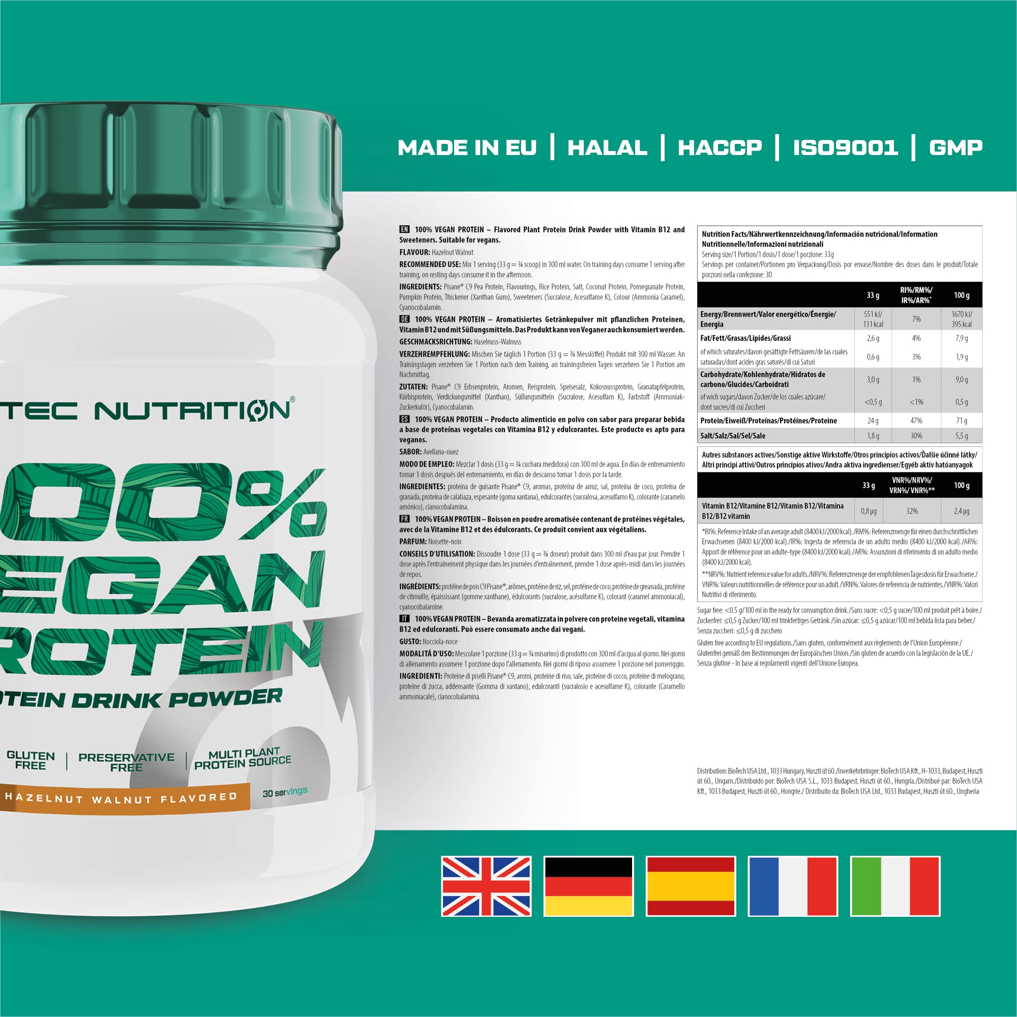 Scitec Nutrition 100% Vegan Protein – 5 Plant-Based Protein Sources – Fortified with Vitamin B12 – 33g Per Serving – Vegan, 1 kg, Hazelnut-Walnut - Sense42 Beauty and Health