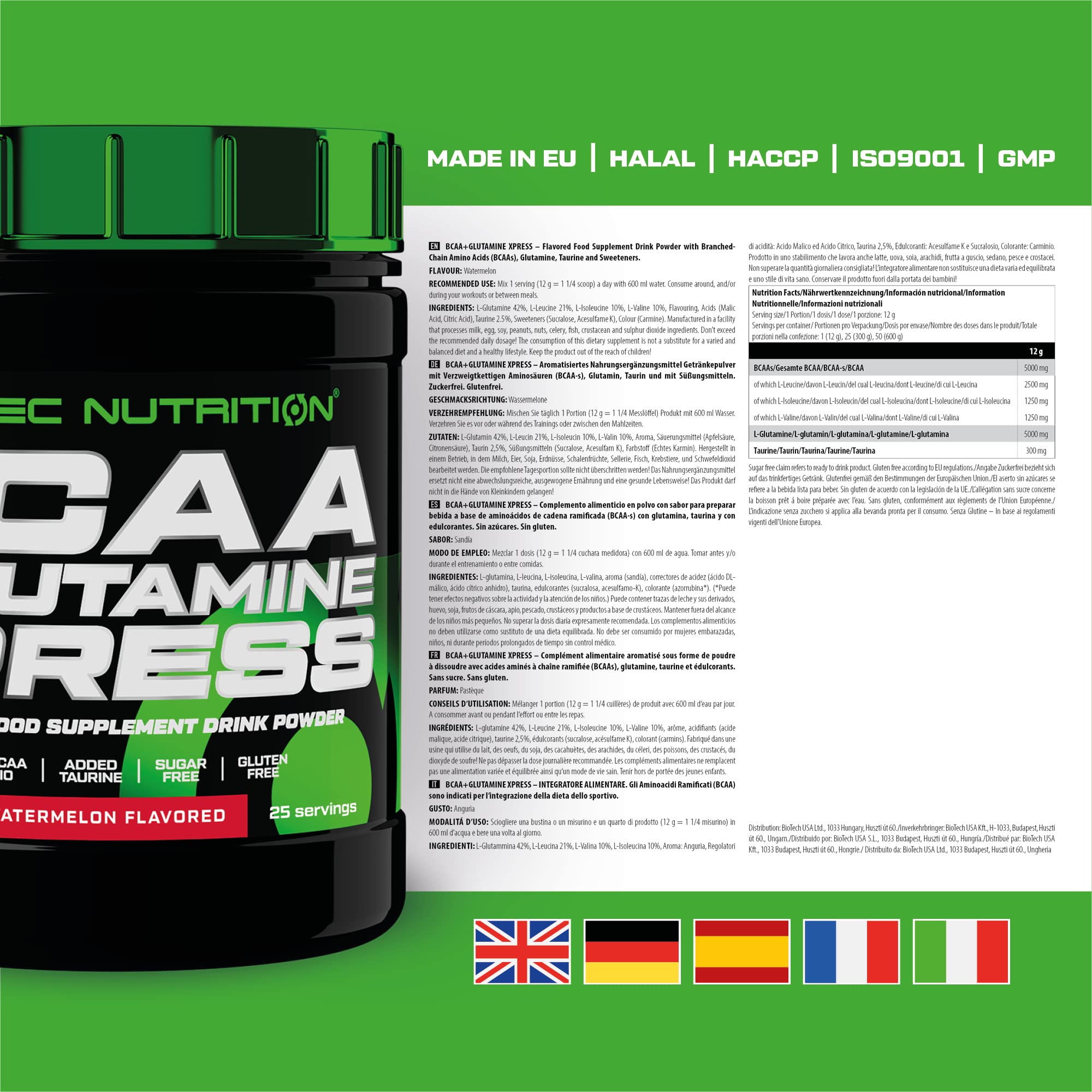 Scitec Nutrition BCAA + Glutamine Xpress – Essential Amino Acid Blend – with 5g 2:1:1 BCAAs – 5g Glutamine – Fortified with Taurine, 300 g, Watermelon - Sense42 Beauty and Health