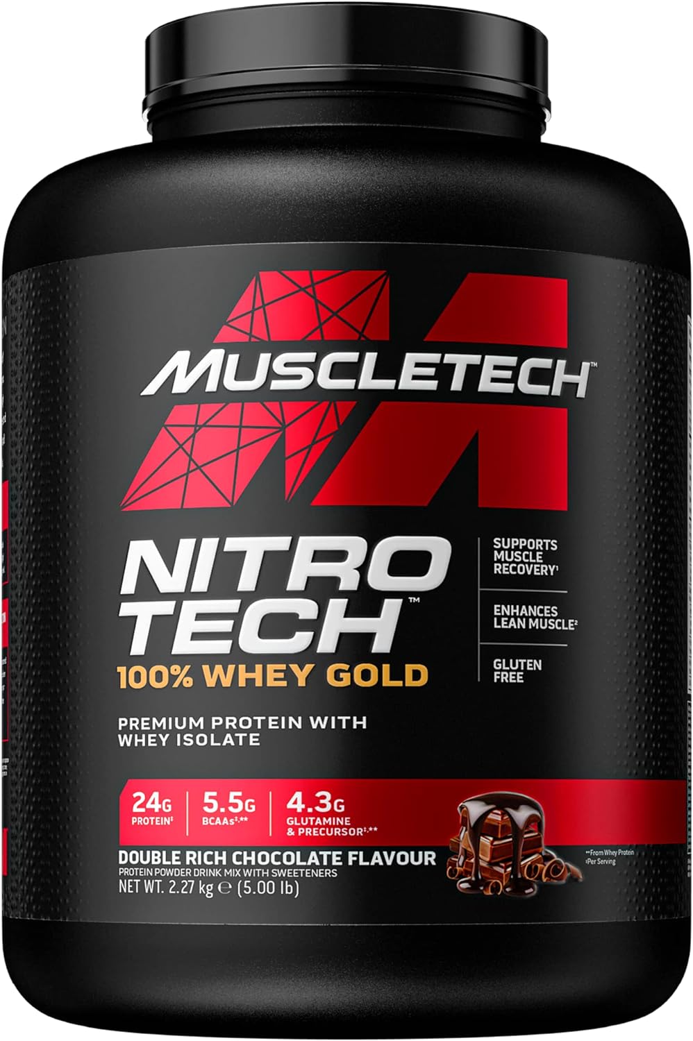 MuscleTech NitroTech 100% Whey Gold Protein Powder, Build Muscle Mass, Whey Isolate Protein Powder and Peptides, Protein Shake For Men and Women, 5.5 g BCAA