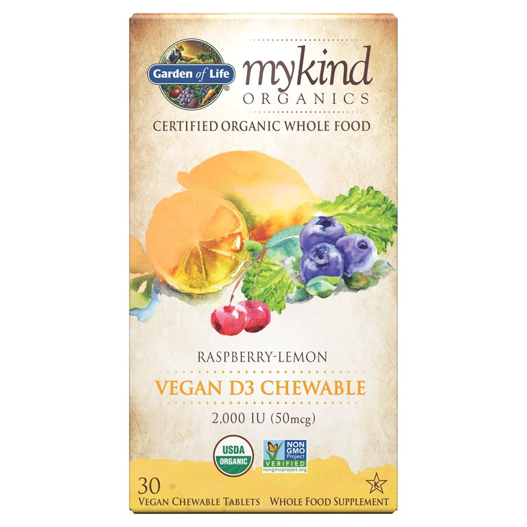 Mykind Organics Vegan D3 Chewable, 2000 IU (Raspberry-Lemon) - 30 vegan chewable tabs - Sense42 Beauty and Health