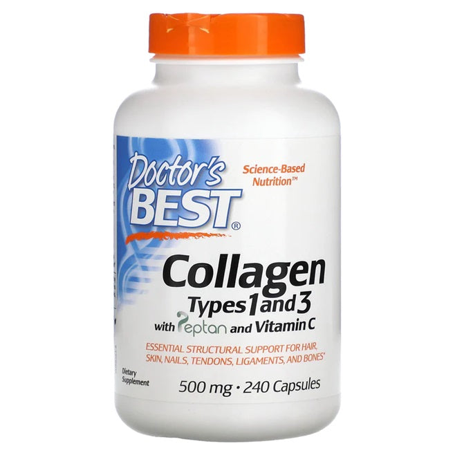 Collagen Types 1 and 3 with Peptan and Vitamin C, 500mg - 240 caps - Sense42 Beauty and Health