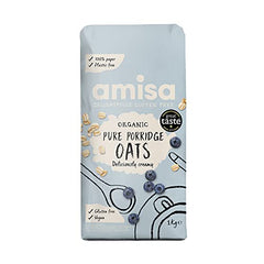 Amisa Organic Gluten Free Porridge Oats, 1kg - Batch Tested for Gluten - Source of Fibre - Sustainable 100% Recyclable Paper Packaging - For Cooking, Breakfast or Baking