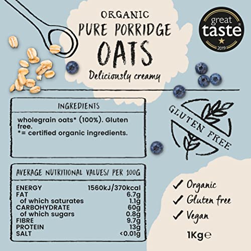 Amisa Organic Gluten Free Porridge Oats, 1kg - Batch Tested for Gluten - Source of Fibre - Sustainable 100% Recyclable Paper Packaging - For Cooking, Breakfast or Baking