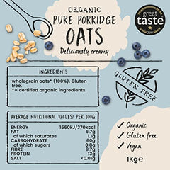 Amisa Organic Gluten Free Porridge Oats, 1kg - Batch Tested for Gluten - Source of Fibre - Sustainable 100% Recyclable Paper Packaging - For Cooking, Breakfast or Baking