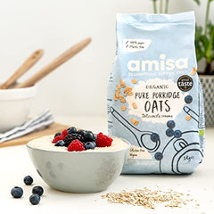 Amisa Organic Gluten Free Porridge Oats, 1kg - Batch Tested for Gluten - Source of Fibre - Sustainable 100% Recyclable Paper Packaging - For Cooking, Breakfast or Baking
