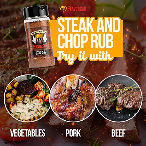 Steak & Chop Rub Seasoning Mix by Flavor God - Premium All Natural & Healthy Spice Blend for Beef, Pork & Vegetables - Kosher, Zero Carbs, Gluten-Free, Vegan & Keto Friendly